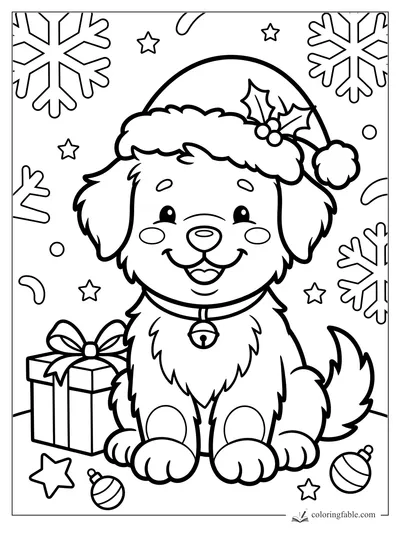 Kawaii puppy in a Santa hat with a gift box, ornaments, stars, and large snowflakes