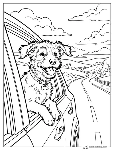 Fluffy puppy with bone tag leaning from a car window on a winding country road coloring page