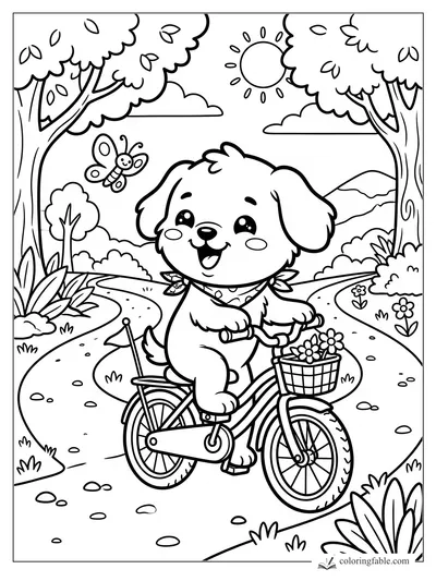 Kawaii puppy riding a bicycle with a flower basket on a sunny park path
