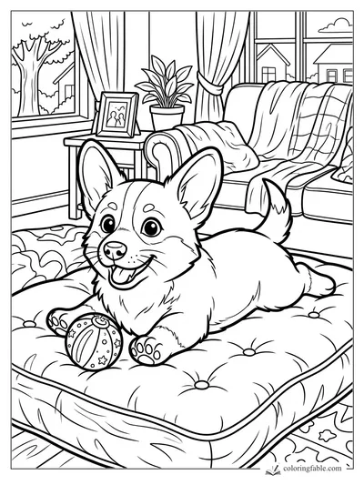 Cartoon puppy with a decorated ball on a tufted cushion in a cozy living room by tall windows.