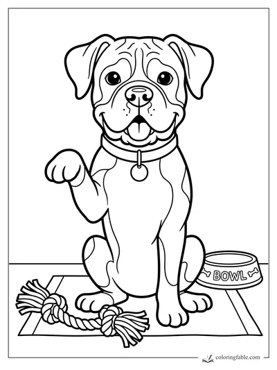 Easy coloring page of a smiling puppy raising one paw with a rope toy and bowl nearby.