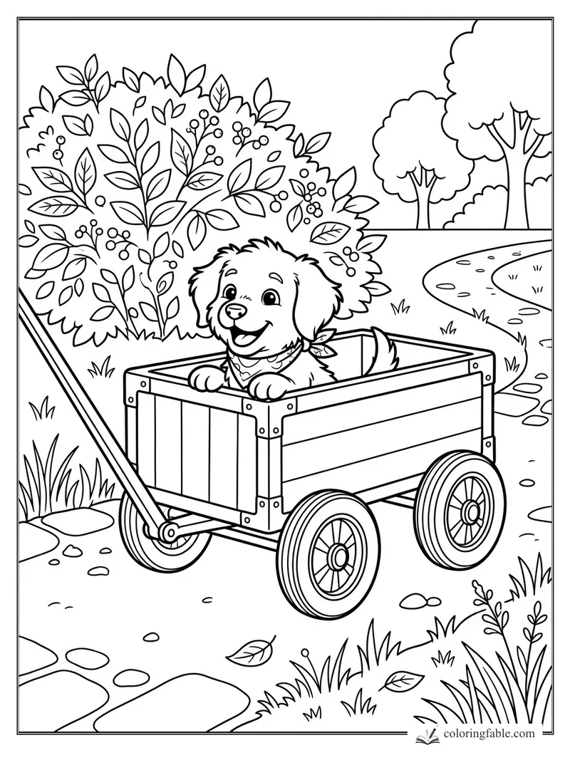 Smiling puppy in a wooden pull wagon beside berry bushes and a winding garden path