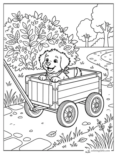 Smiling puppy in a wooden pull wagon beside berry bushes and a winding garden path
