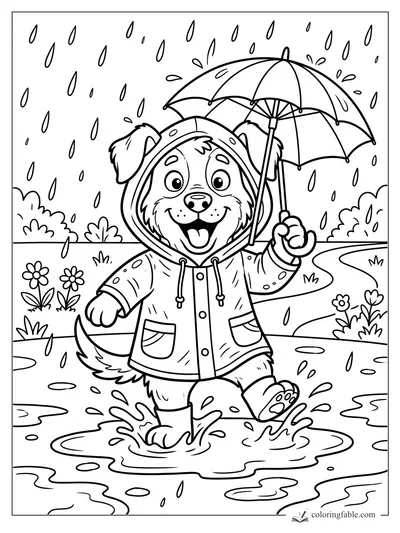 Cartoon puppy in a raincoat splashing in puddles while holding an umbrella in the rain.