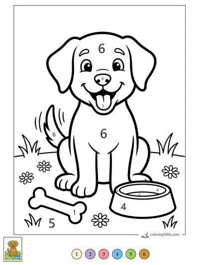 Happy Puppy with Bowl and Bone — color by number