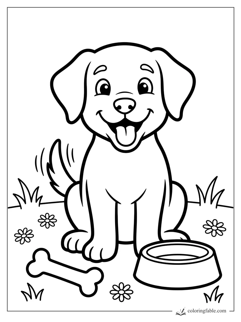 Cute smiling puppy coloring page with wagging tail, food bowl, bone, grass, and small flowers.