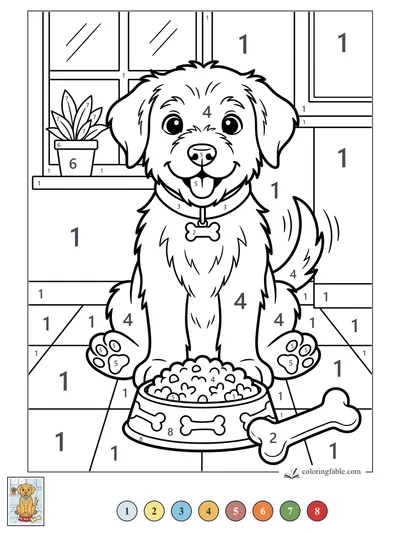 Happy Puppy with Food Bowl by the Window — color by number