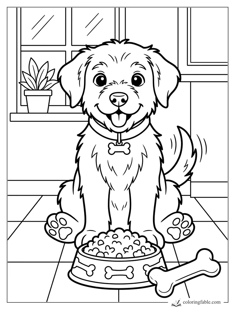 Smiling puppy with collar tag, full food bowl, big bone, tiled floor, window, and potted plant