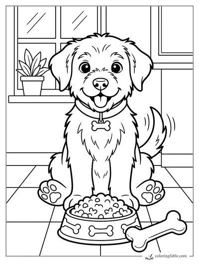 Smiling puppy with collar tag, full food bowl, big bone, tiled floor, window, and potted plant