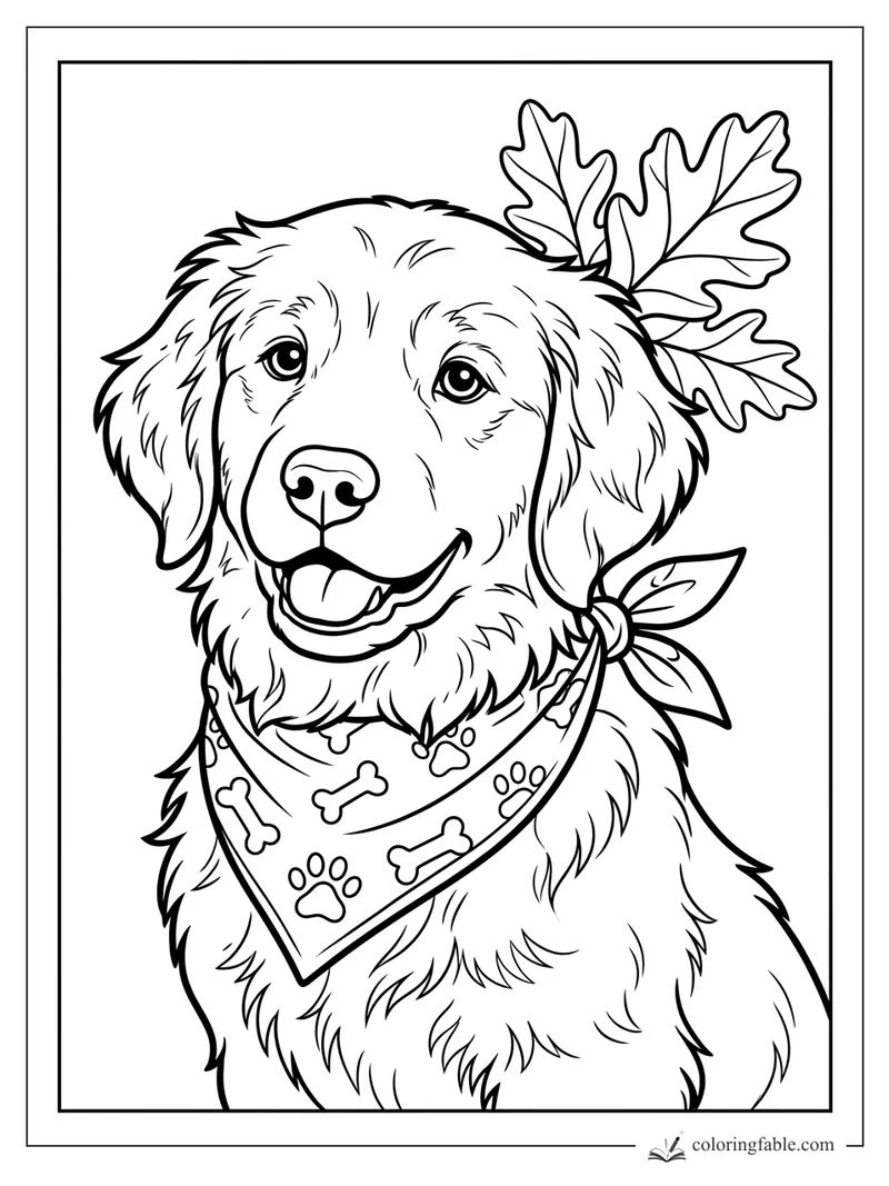 Smiling puppy wearing an oak-leaf crown and a bone-and-paw bandana coloring page