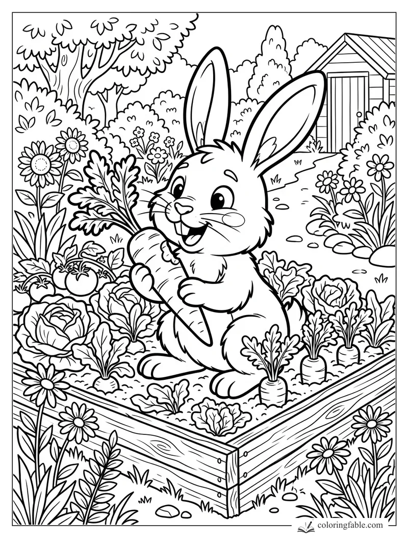 Cartoon rabbit holding a carrot among cabbages, flowers, and a garden shed