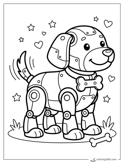 Bold coloring page of a smiling robot puppy with a bone, stars, hearts, grass, and a wagging tail.