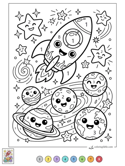 Happy Rocket Among Smiling Planets — color by number