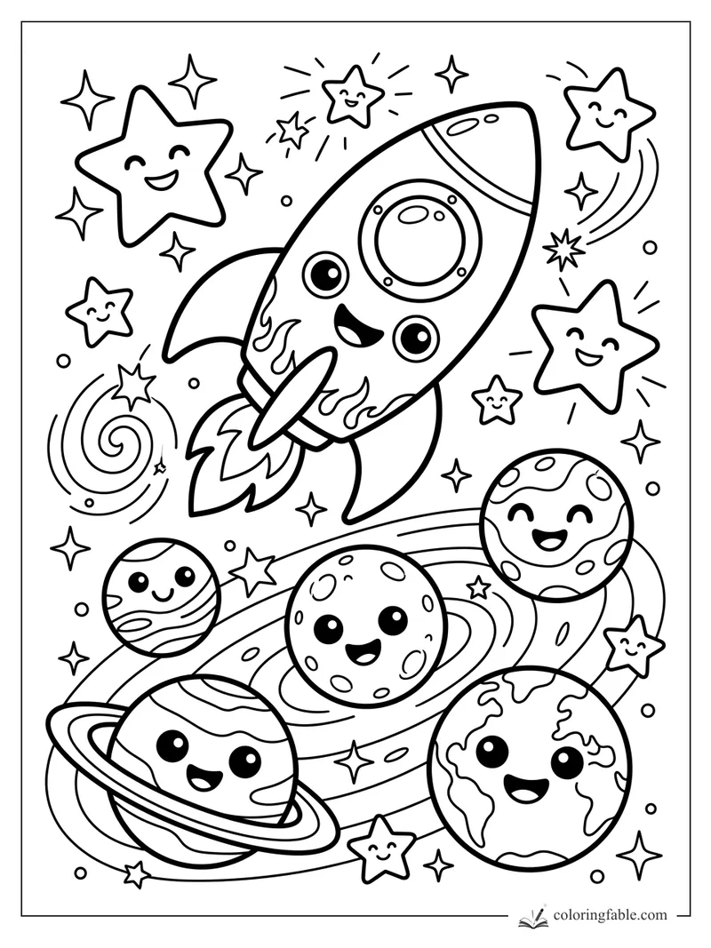 Cartoon rocket flying past smiling planets, stars, swirls, and a ringed planet in space.