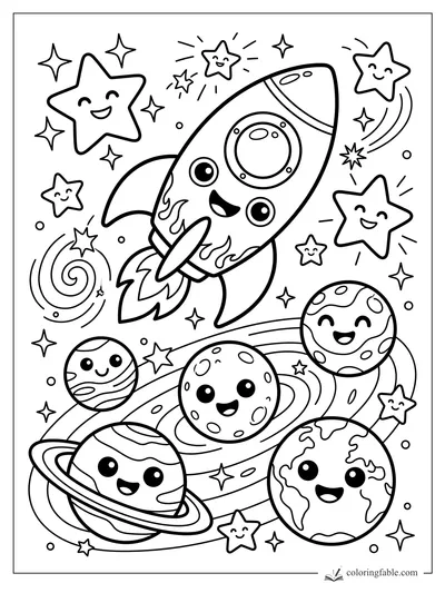 Cartoon rocket flying past smiling planets, stars, swirls, and a ringed planet in space.