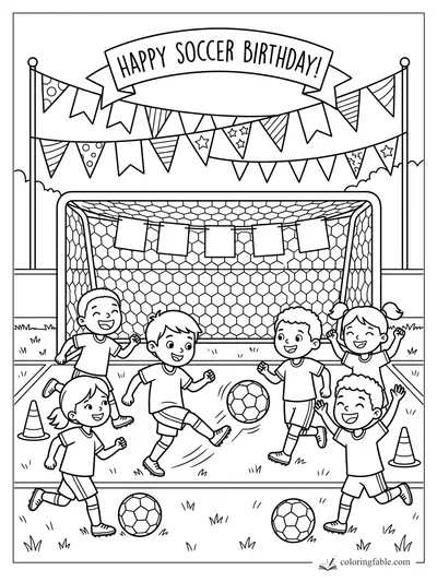 Kids play soccer under a Happy Soccer Birthday banner with pennants, cones, balls, and a goal net.