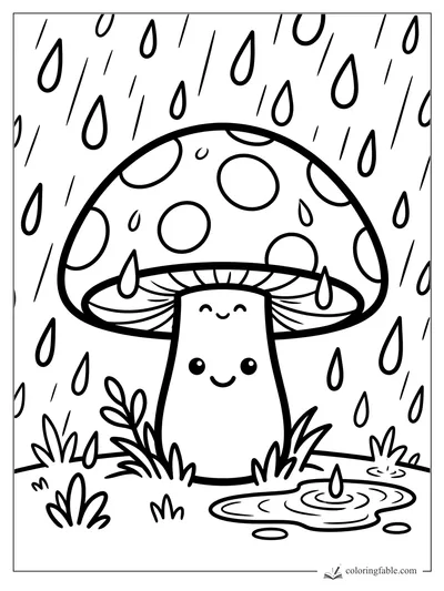 Cute spotted mushroom smiling in the rain with grass, puddles, and big raindrops