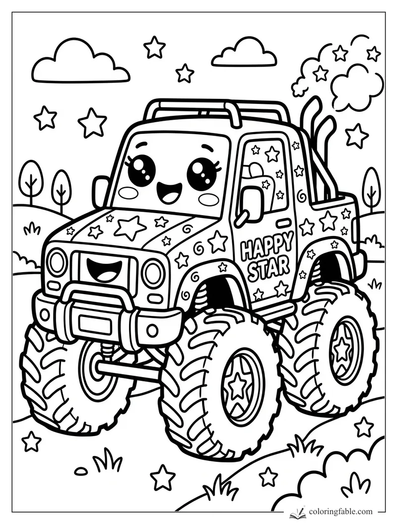 Kawaii monster truck with smiling face, giant tires, stars, clouds, trees, and Happy Star on the door.