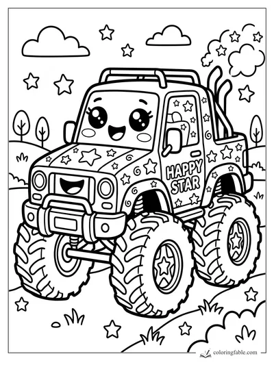Kawaii monster truck with smiling face, giant tires, stars, clouds, trees, and Happy Star on the door.