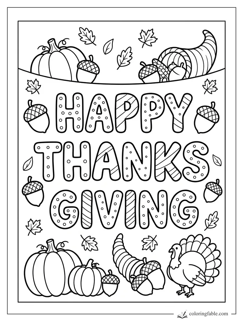 Happy Thanksgiving coloring page with bubble letters, pumpkins, cornucopias, acorns, leaves, and turkey