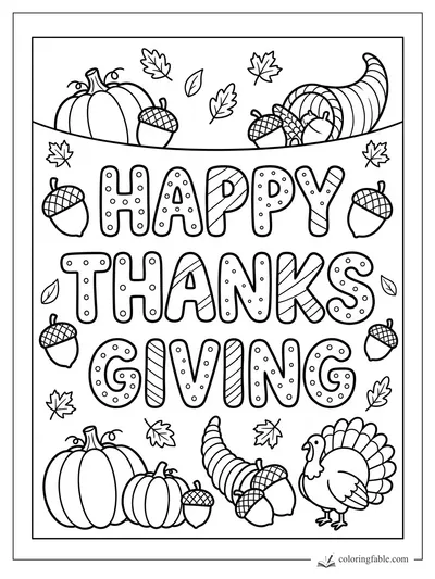Happy Thanksgiving coloring page with bubble letters, pumpkins, cornucopias, acorns, leaves, and turkey