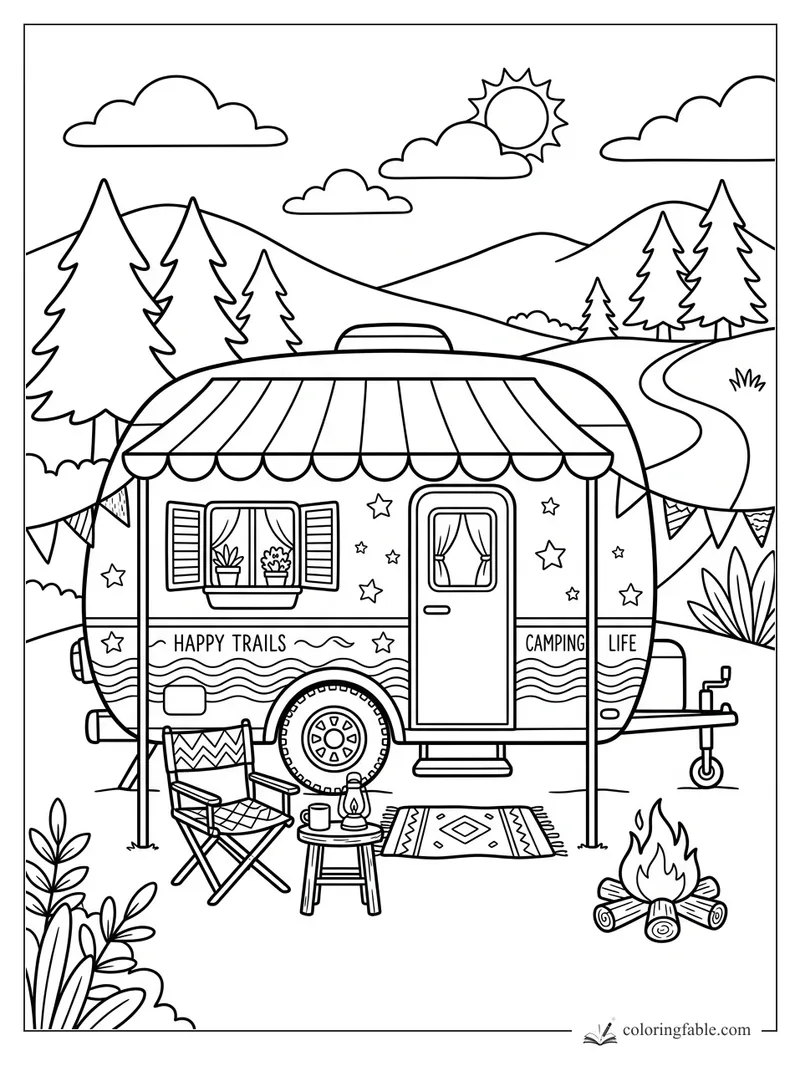 Cartoon camper trailer with awning, campfire, chair, rug, bunting, pine trees, hills, clouds, and sun.