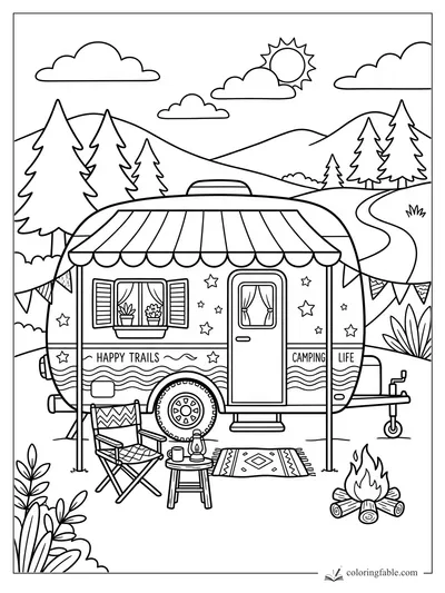 Cartoon camper trailer with awning, campfire, chair, rug, bunting, pine trees, hills, clouds, and sun.