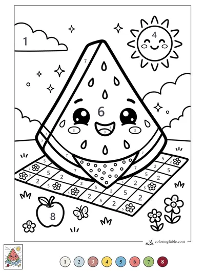 Happy Watermelon Slice on a Picnic Blanket — color by number