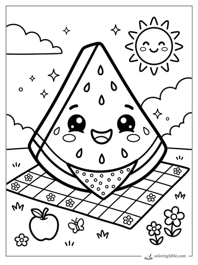 Kawaii watermelon slice smiling on a checkered picnic blanket with sun, clouds, flowers, apple, and butterfly.