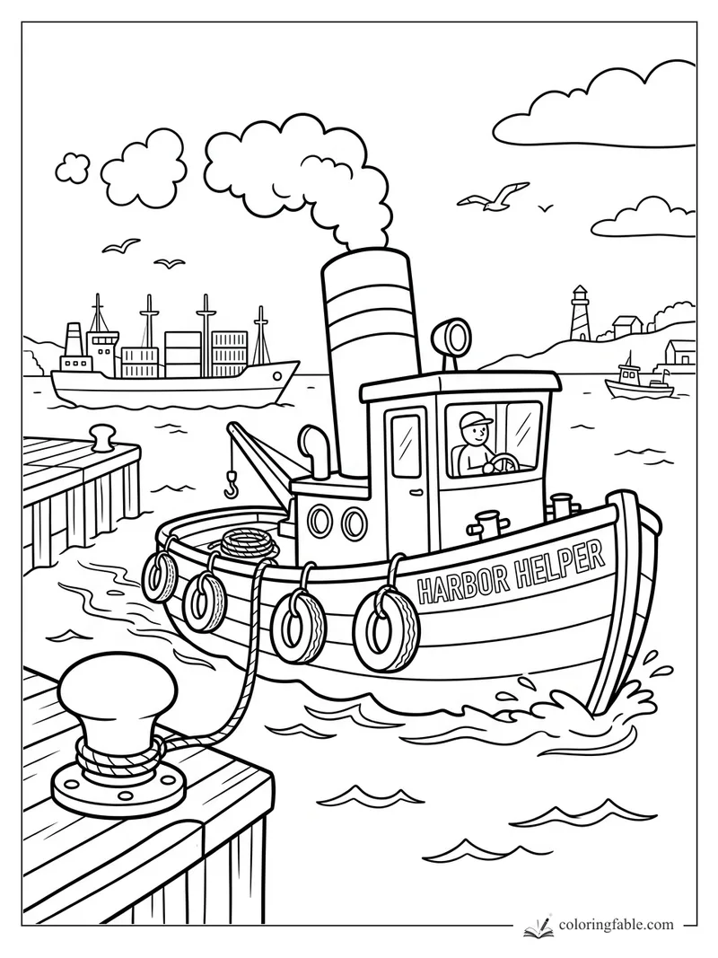 Cartoon Harbor Helper tugboat by a dock with captain, smoke stack, gulls, lighthouse, and ships