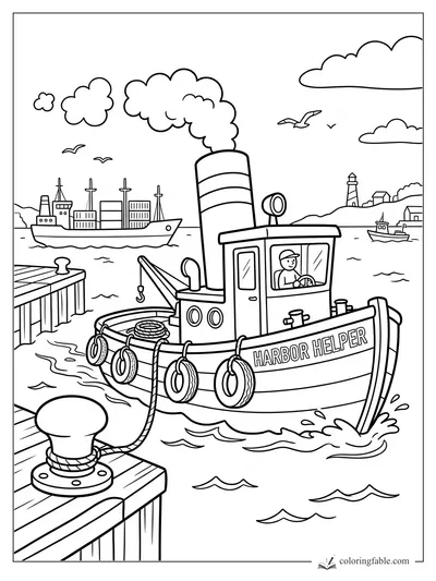 Cartoon Harbor Helper tugboat by a dock with captain, smoke stack, gulls, lighthouse, and ships