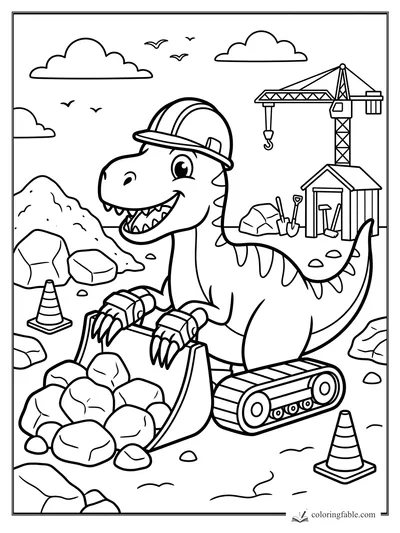 Cartoon dinosaur in a hard hat drives a bulldozer at a construction site with crane, cones, rocks, and shed.