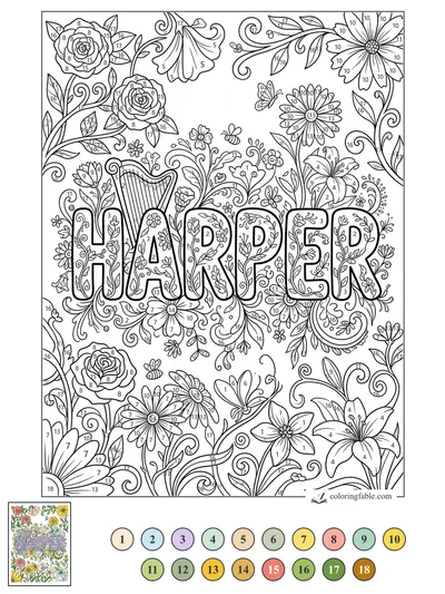 Harper in a Garden of Swirls and Blossoms — color by number