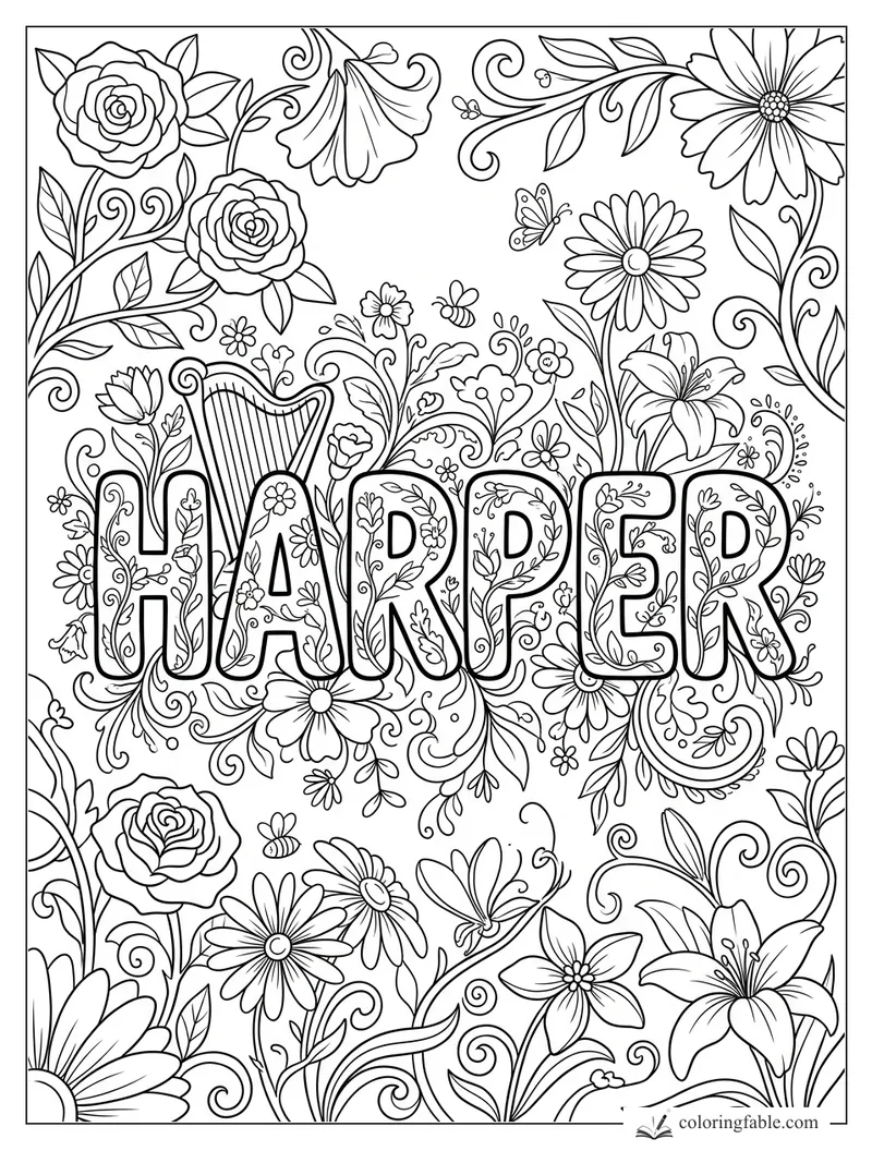 Floral coloring page with the name Harper, roses, daisies, lilies, bees, butterflies, and curling vines.