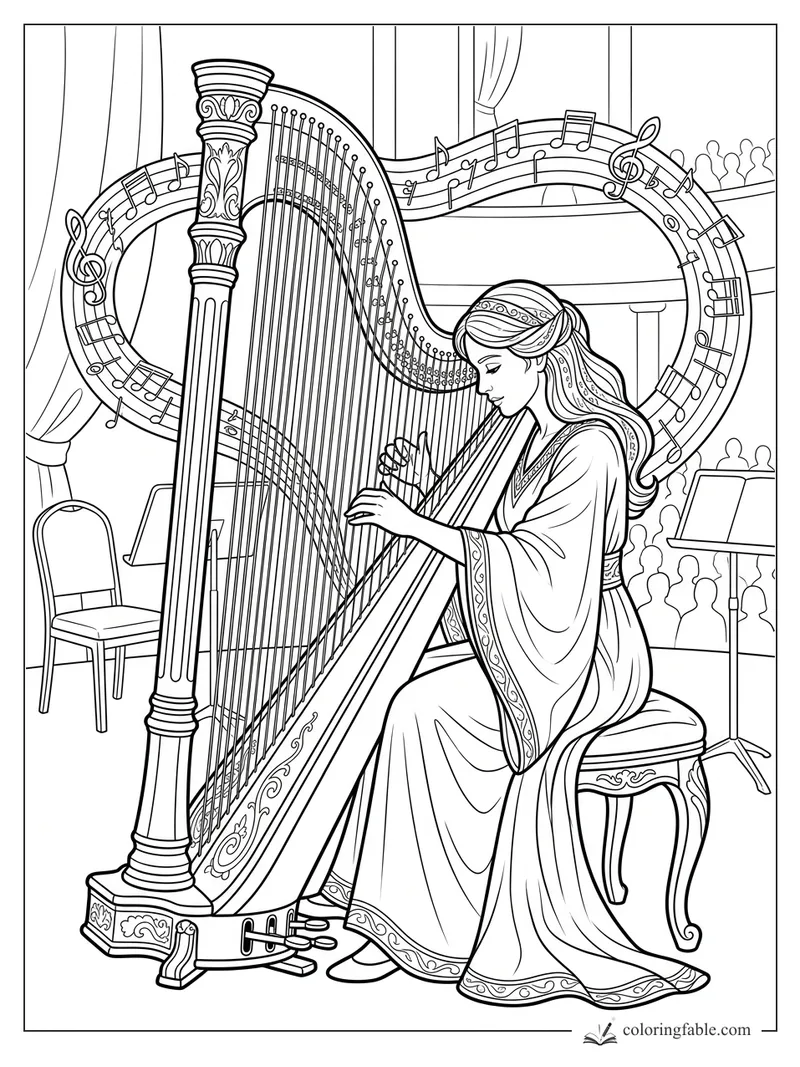 Harpist playing an ornate harp onstage with curved sheet music, curtains, audience, chair, and music stand.