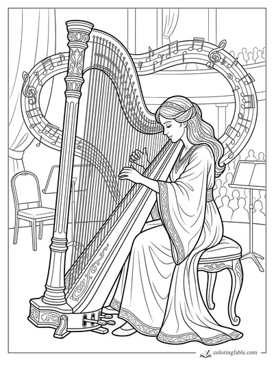 Harpist playing an ornate harp onstage with curved sheet music, curtains, audience, chair, and music stand.