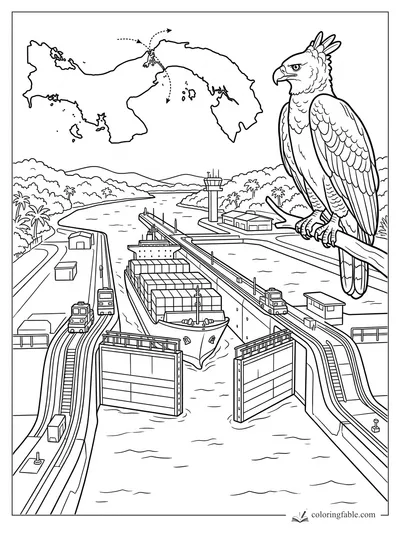 Panama Canal coloring page with a harpy eagle, cargo ship, locks, roads, palms, and map of Panama