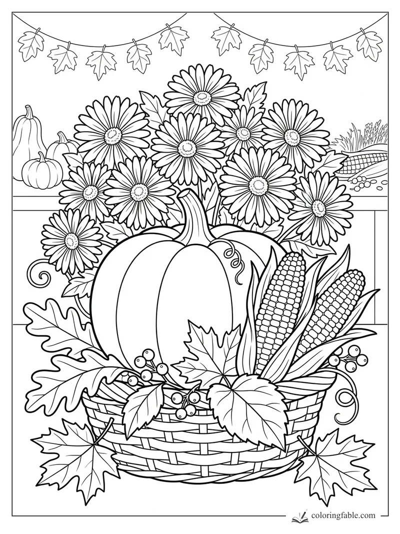 Harvest basket coloring page with daisies, a pumpkin, corn, berries, fall leaves, and leaf garlands.