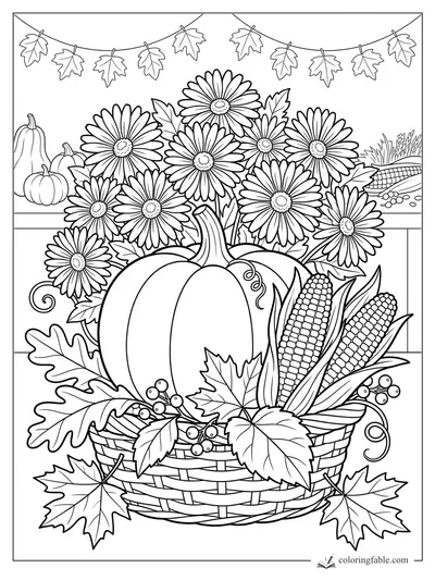 Harvest basket coloring page with daisies, a pumpkin, corn, berries, fall leaves, and leaf garlands.