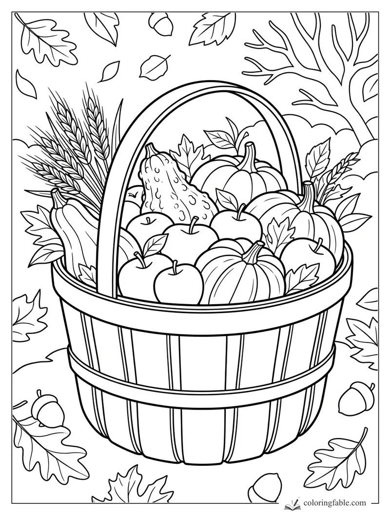Fall harvest basket filled with pumpkins, apples, wheat, gourds, acorns, and leaves coloring page
