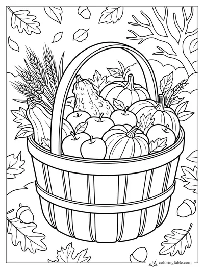 Fall harvest basket filled with pumpkins, apples, wheat, gourds, acorns, and leaves coloring page