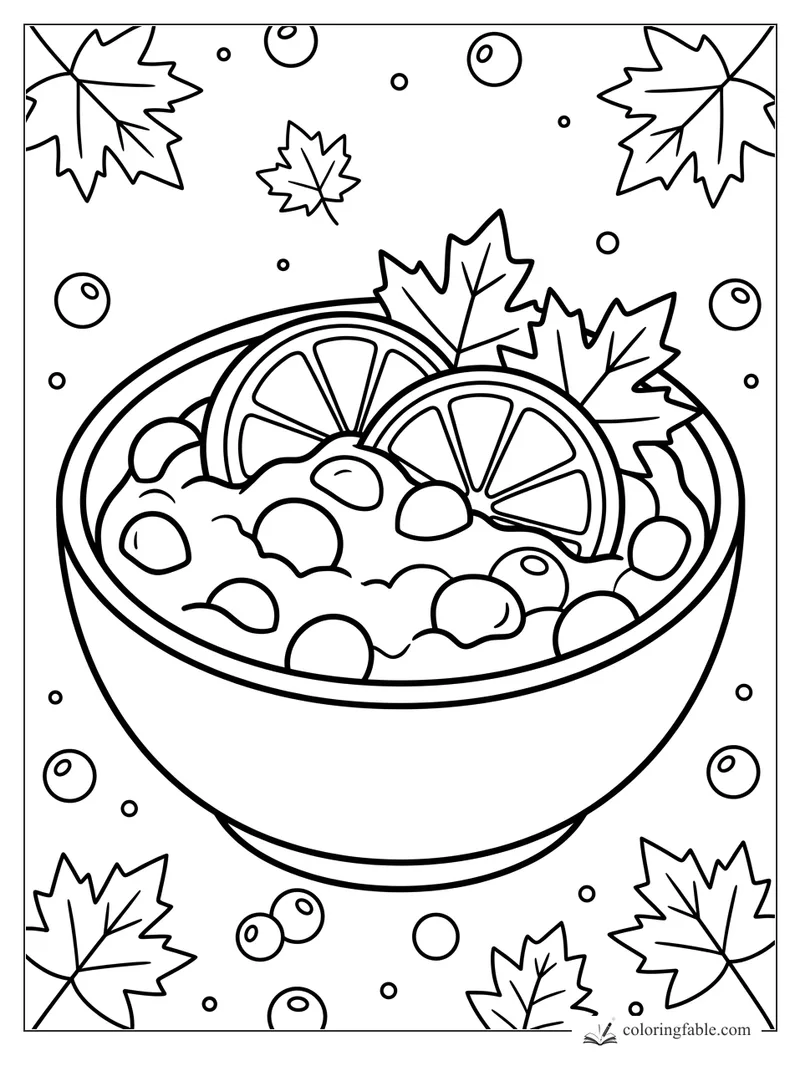 Easy Thanksgiving coloring page of a harvest bowl with orange slices, berries, and maple leaves.