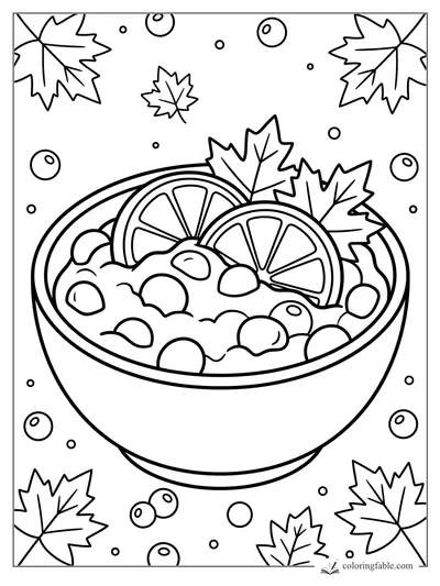 Easy Thanksgiving coloring page of a harvest bowl with orange slices, berries, and maple leaves.