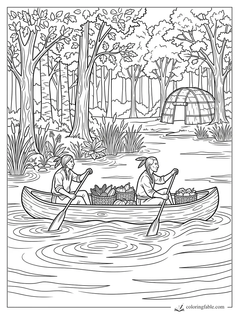 Two people paddle a canoe with harvest baskets past cattails and a woodland wigwam.