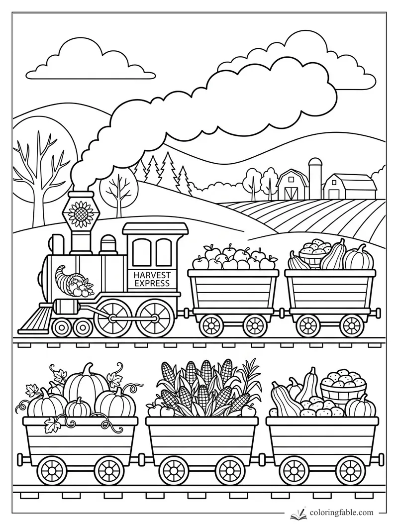 Harvest Express train pulling wagons of pumpkins, corn, apples, and squash past barns and fields