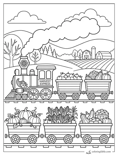 Harvest Express train pulling wagons of pumpkins, corn, apples, and squash past barns and fields