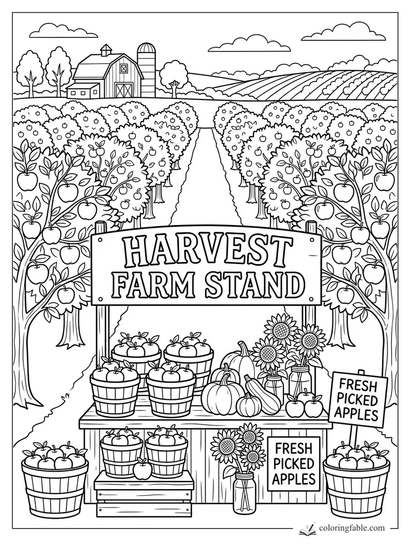 Intricate harvest farm stand with apple baskets, sunflowers, pumpkins, orchard rows, barn, silo, and fresh picked signs.