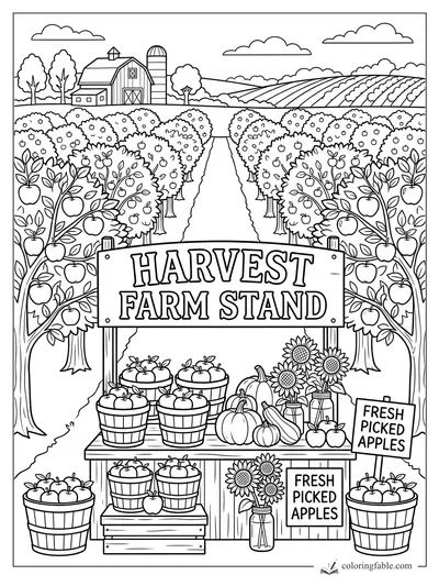 Intricate harvest farm stand with apple baskets, sunflowers, pumpkins, orchard rows, barn, silo, and fresh picked signs.