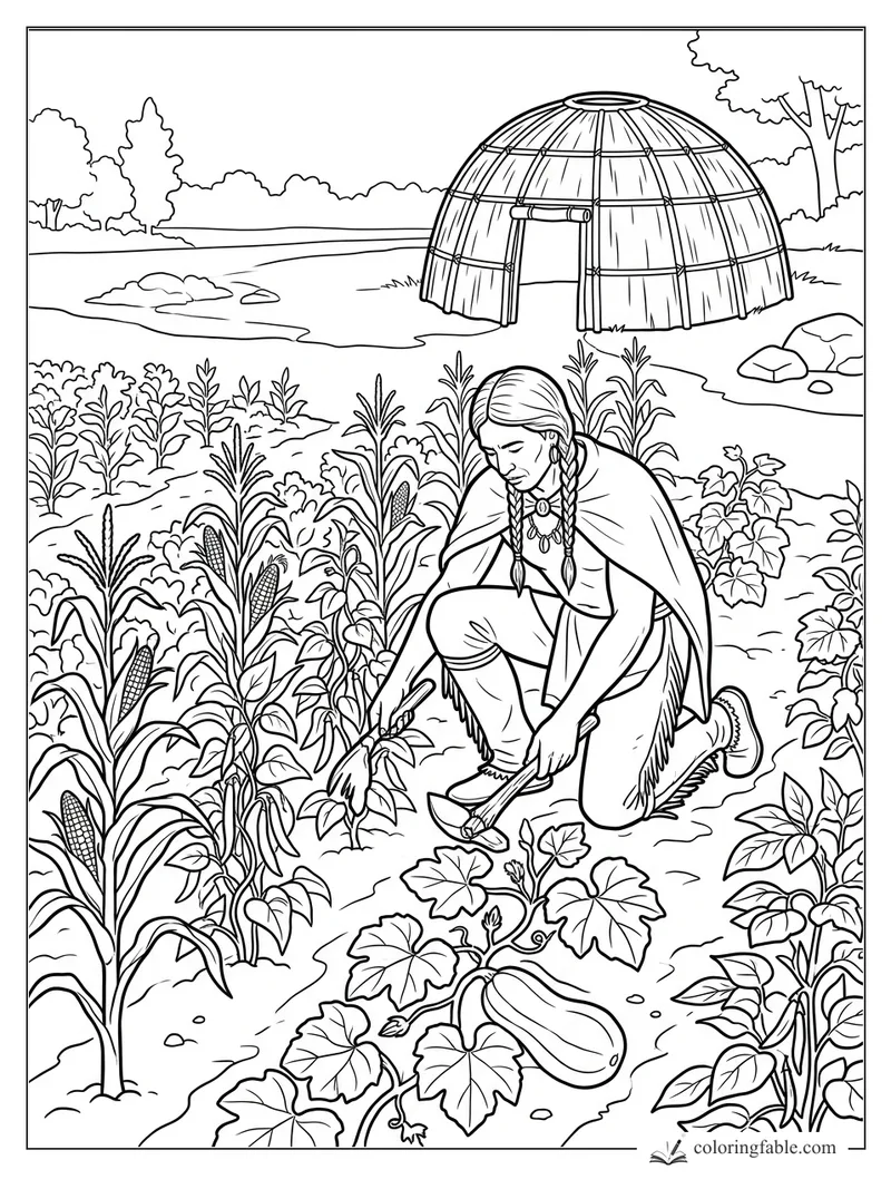 Native American gardener tending corn, squash, and beans near a wigwam by the river