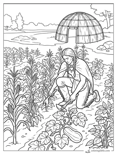 Native American gardener tending corn, squash, and beans near a wigwam by the river